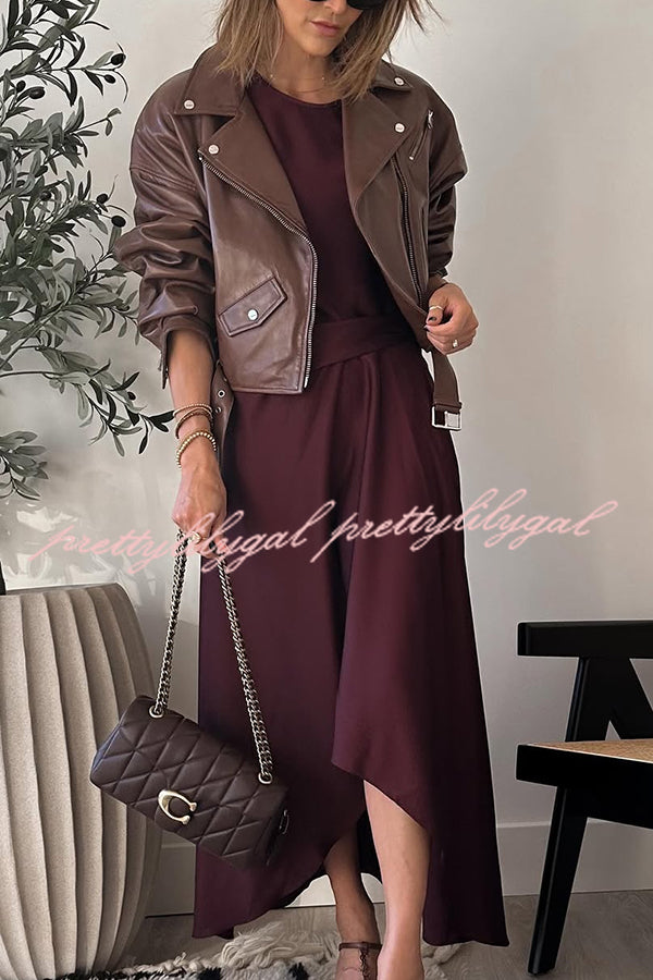 Fashion Lapel Long Sleeve Casual Zipper Pocket Leather Jacket