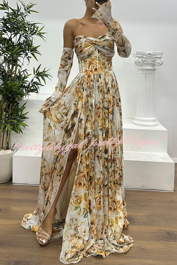 Reina Chiffon Floral Print Pleated Bodice Split Sleeve Strapless Slit Maxi Dress