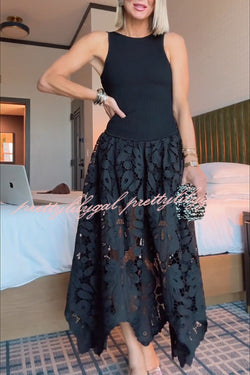 Atlas Asymmetric Ribbed-knit and Guipure Lace Back Zipper Midi Dress