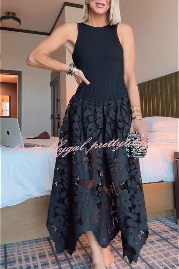 Atlas Asymmetric Ribbed-knit and Guipure Lace Back Zipper Midi Dress
