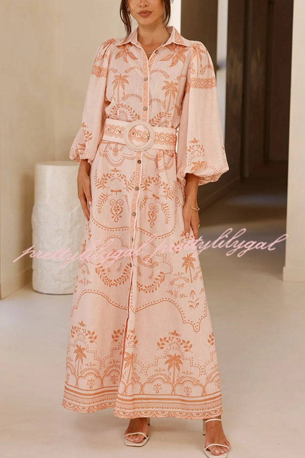 Linen Blend Lapel Puff Sleeve Casual Waist Belted Maxi Dress
