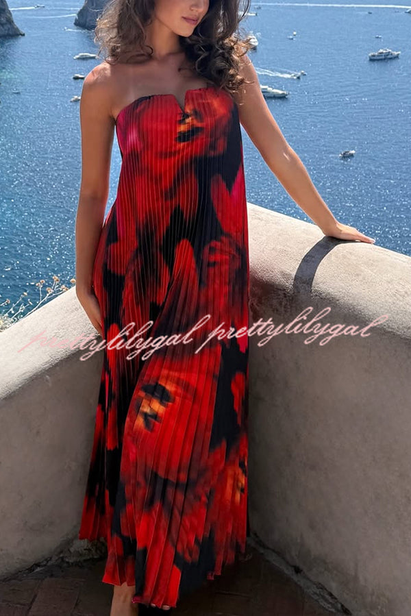 For Every Occasion Satin Pleated Floral Print V-wire Bandeau Neck Maxi Dress