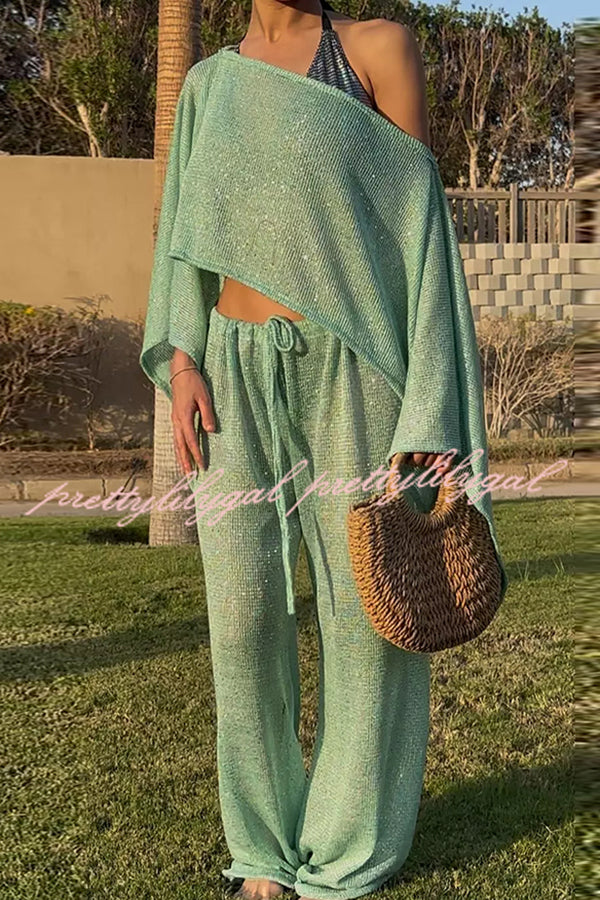 Vacation Knit Shiny Fabric Batwing Sleeve Cape Top and Cover-up Elastic Waist Loose Pants Set