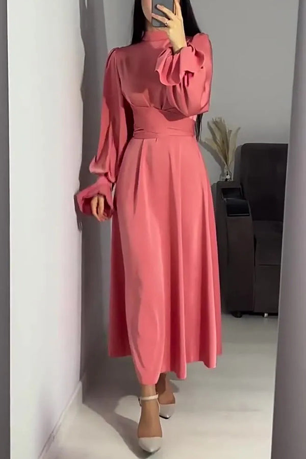 Solid Color Ruffled Sleeves Waisted Tie Slim Fit Maxi Dress