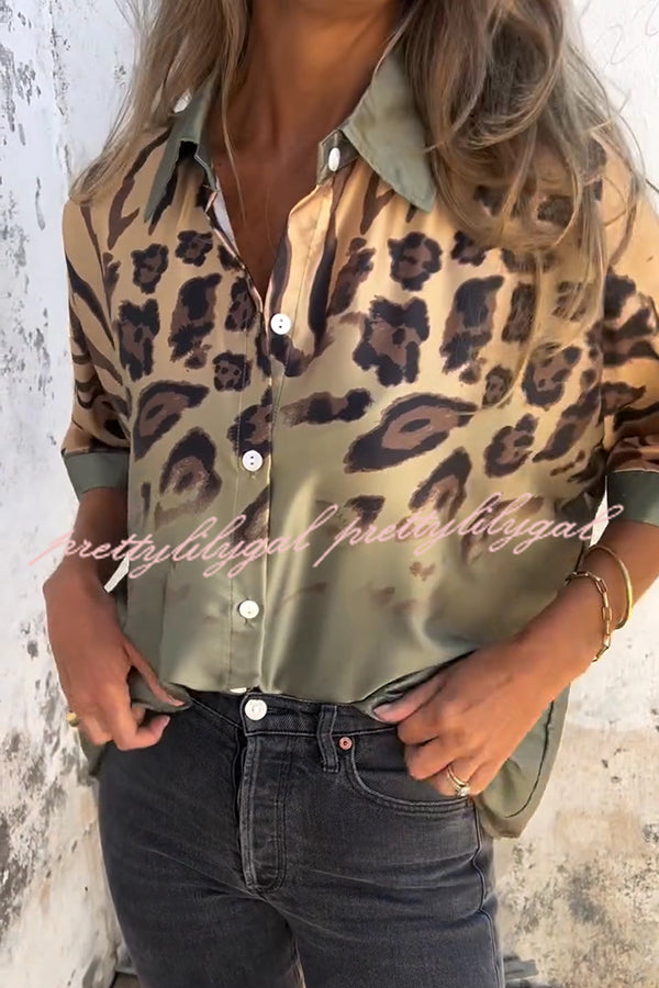 Classic Wild Satin Gradient Leopard Print Loose Short-sleeved Blouse