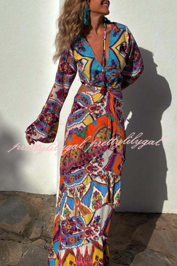 Colorful Day Unique Print Bell Sleeve Cutout Waist Layered Maxi Dress