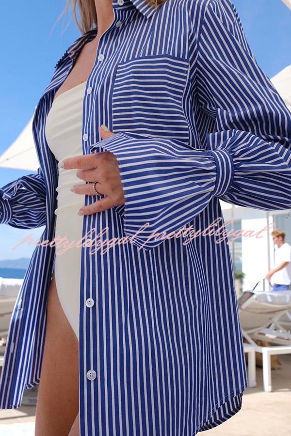 Striped Print Ruffled Long Sleeve Pockets Loose Shirt