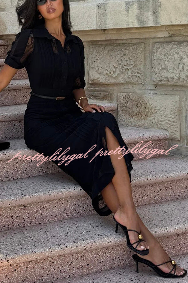 Lysette Lace Trim Pleated Button Up Short Sleeve Shirt Midi Dress