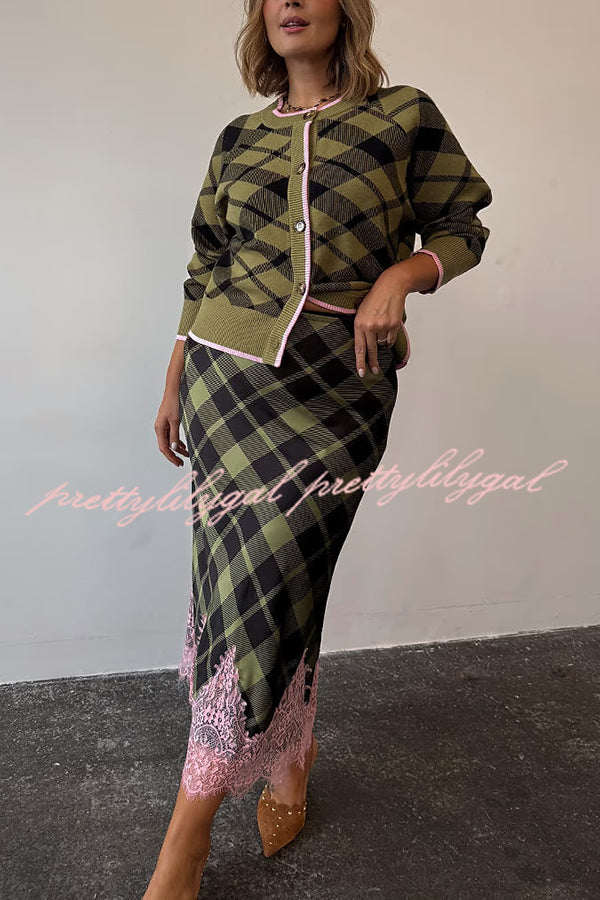 Holiday Plaid Knit Color-blocked Trim Button Long-sleeved Loose Cardigan