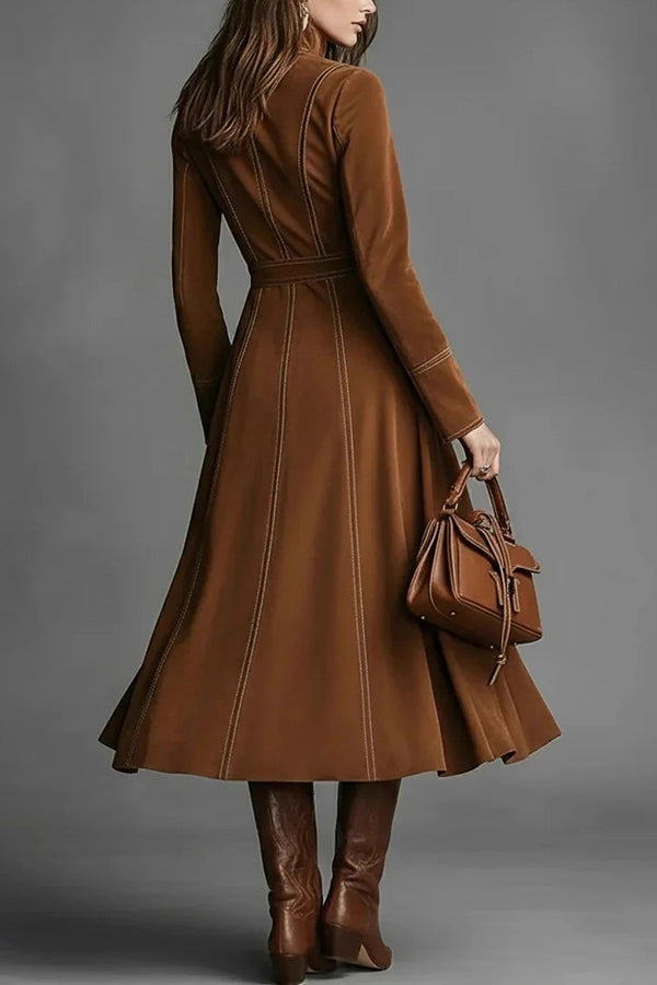 Stylish Suede Long-sleeved Fitted Waist Belted Midi Dress prettylilygal Stylish Suede Long-sleeved Fitted Waist Belted Midi Dress prettylilygal