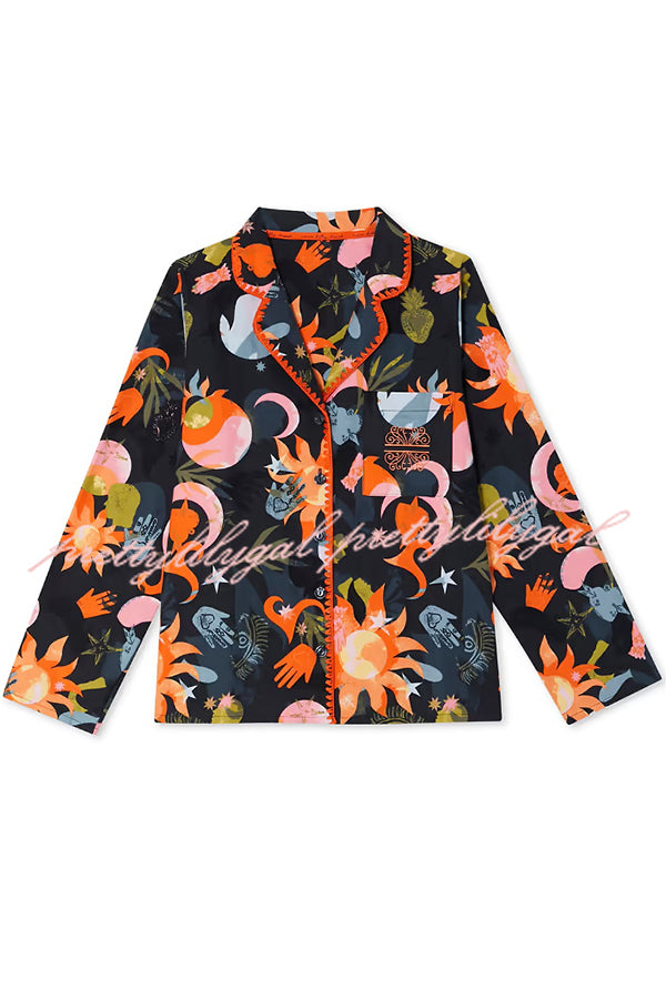 Evening Routine Unique Print Color-block Trim Loose Shirt and Elastic Waist Pocketed Pajama Set