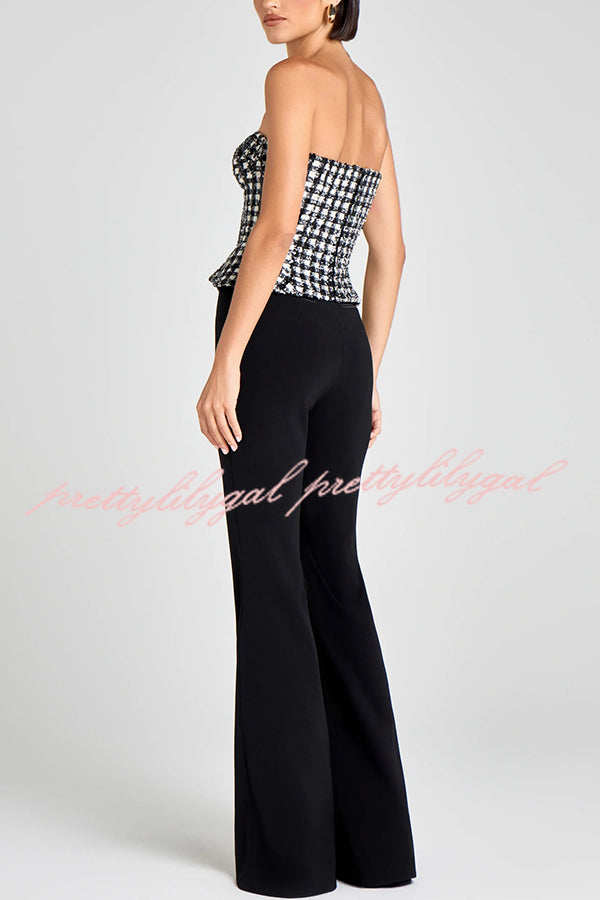 Maya Check Bouclé-tweed Fabric Sweetheart Neck Gold Button Strapless Tank