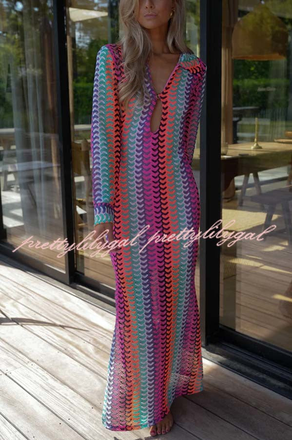 Eleanor Knit Colorful Wave Unique Print Shirt U-neck Long Sleeve Slit Maxi Dress