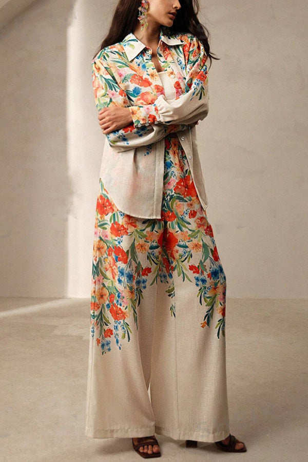 Floral Print Lapel Long Sleeve Shirt and Elastic Waist Pocket Casual Wide Leg Pants Set