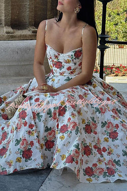 Fairy Tale Gorgeous Italian Rose Print Tulle Pocketed Slip Midi Dress