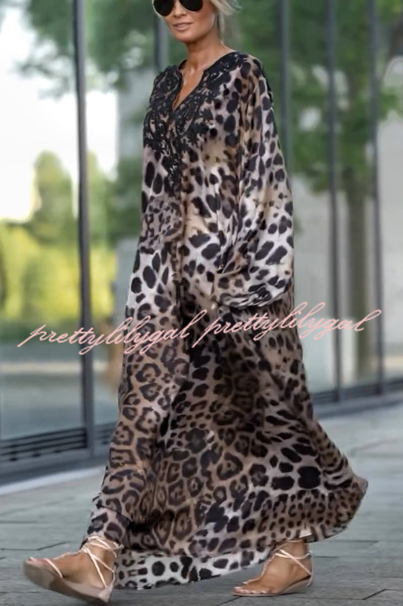 Rayna Lace Mixed Leopard Print Balloon Sleeve A-line Maxi Dress