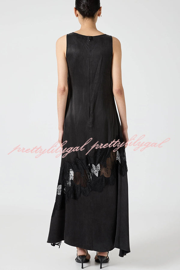 Pretty Soul Satin Lace Trim Wide Neck Irregular Hem Slit Maxi Dress