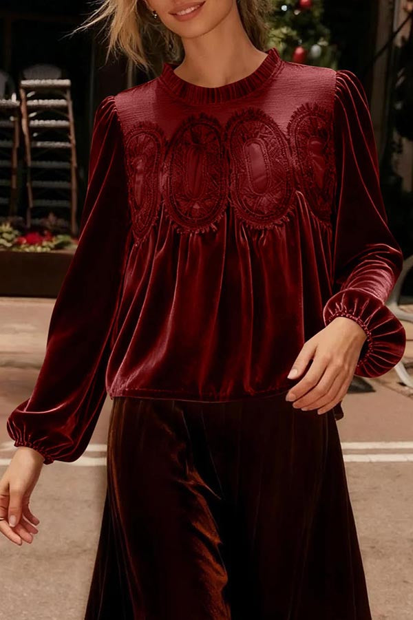 Fashionable Velvet and Lace Patchwork Loose Long-sleeved Top