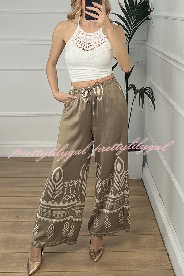 Unique Print Elastic Waist Casual Pocket Wide Leg Pants