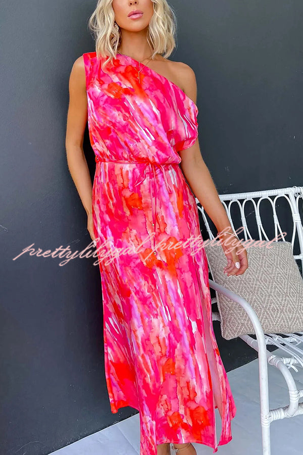 Satin Unique Print One Shoulder Tie Waist Slit Maxi Dress