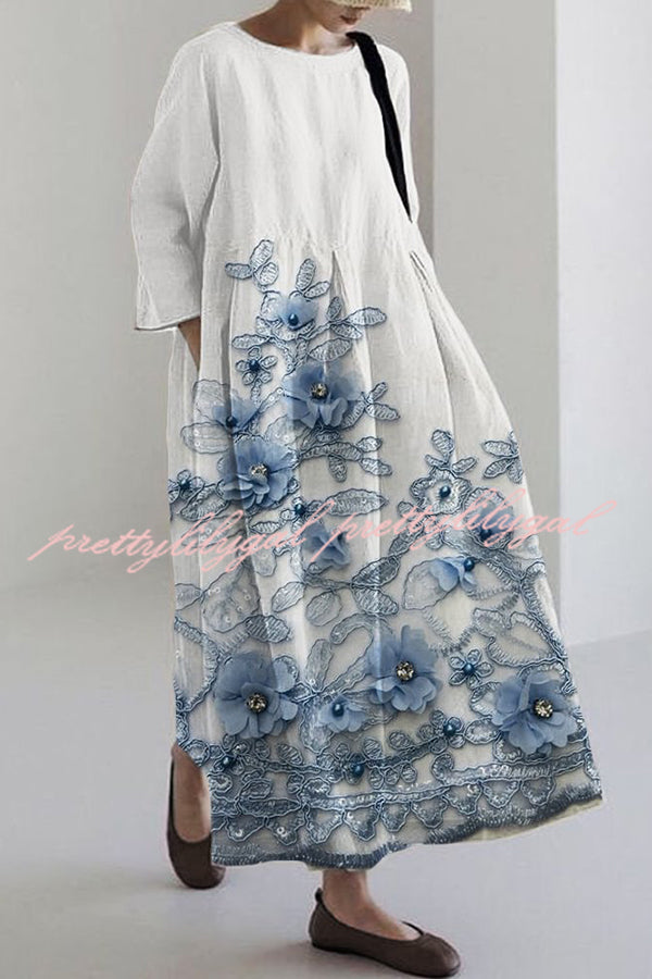 Unique Printed Round Neck Long Sleeve Loose Maxi Dress