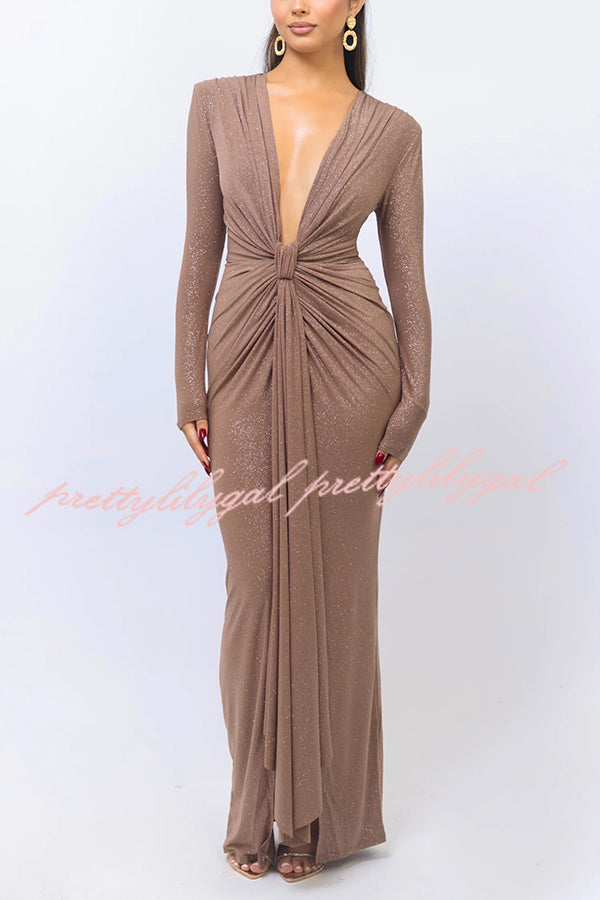 Solid Color Shiny Sexy V-neck Long Sleeve Ribbon Slit Slim Fit Maxi Dress