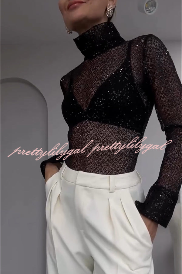 Shimmering Twilight Sequin Turtleneck Long Slit Sleeve H-line Blouse