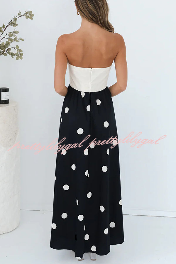 Fashion Polka Dot Print Tube Top Spliced Maxi Dress