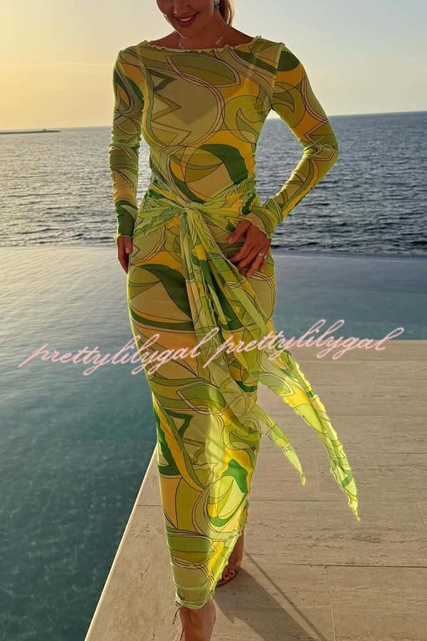 Nessie Mesh Unique Print Tie-up Waist Long Sleeve Stretch See-Through Maxi Dress