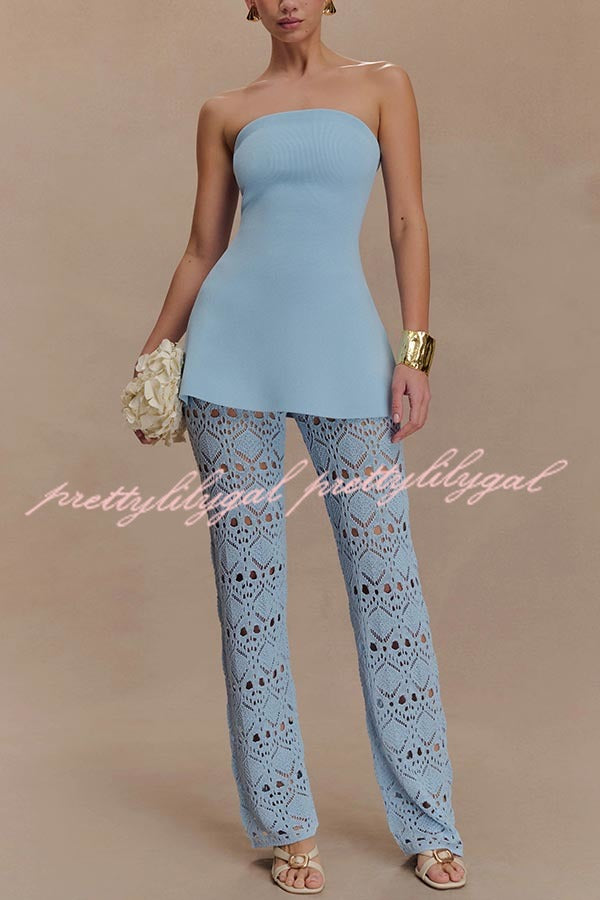 Trena Crochet Knit Hollow Mid Rise Stretch Wide Leg Pants
