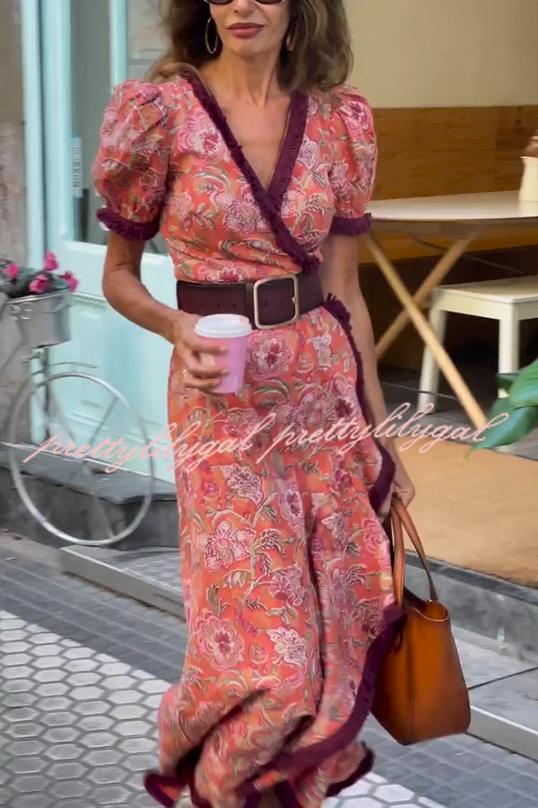 Bohemian Floral Print Elegant Puff Sleeve Holiday Maxi Dress