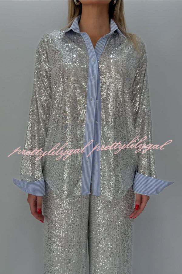 Fashion Sequined Loose Long-sleeved Shirt and Casual Elastic Waist Wide-leg Pants Set