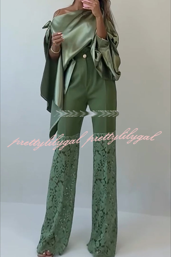 Chic Moment Satin Irregular Knot Slit Sleeve One Shoulder Loose Blouse