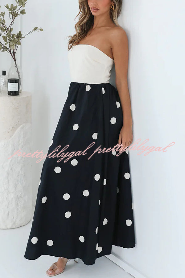 Fashion Polka Dot Print Tube Top Spliced Maxi Dress