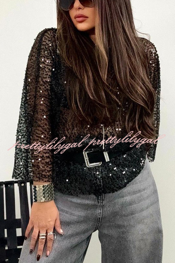 Shine Everywhere Sequin Mesh Half Sleeve Shift Blouse