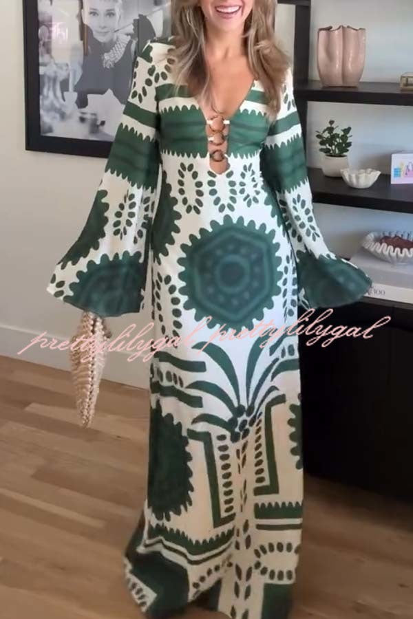 Holiday Fashion Unique Print Front Center Hollow Ring Long Sleeve Maxi Dress