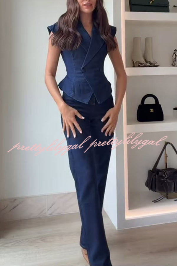 Charley Denim Button Up Cap Short Sleeve Structured Tie-up Lapel Top