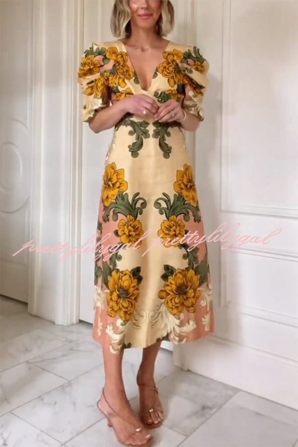 Flower Vine Linen Blend Unique Print Twist Cutout Neck Puff Sleeve Midi Dress