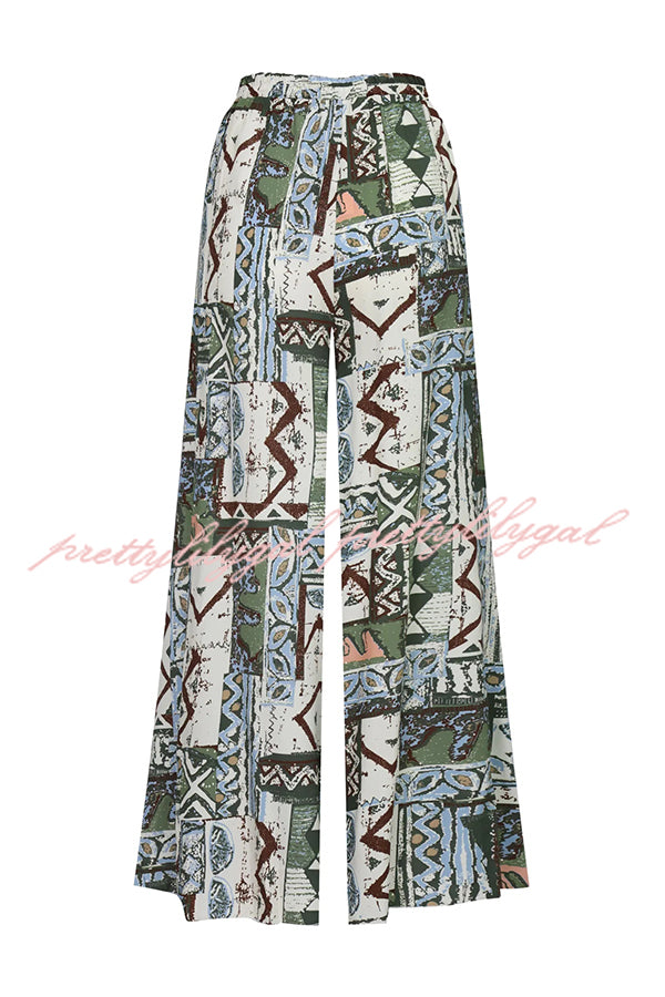 Terrace View Off Shoulder Tie Loose Top and Elastic Waist Unique Print Loose Pants Set