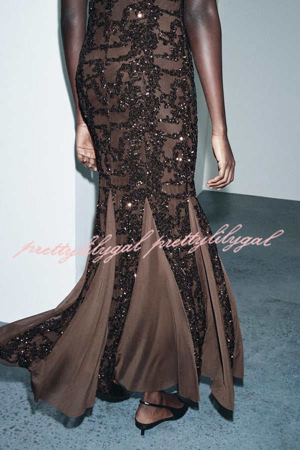 Twilight Gleam Sequin Textured Tulle Hem Halter Backless Maxi Dress