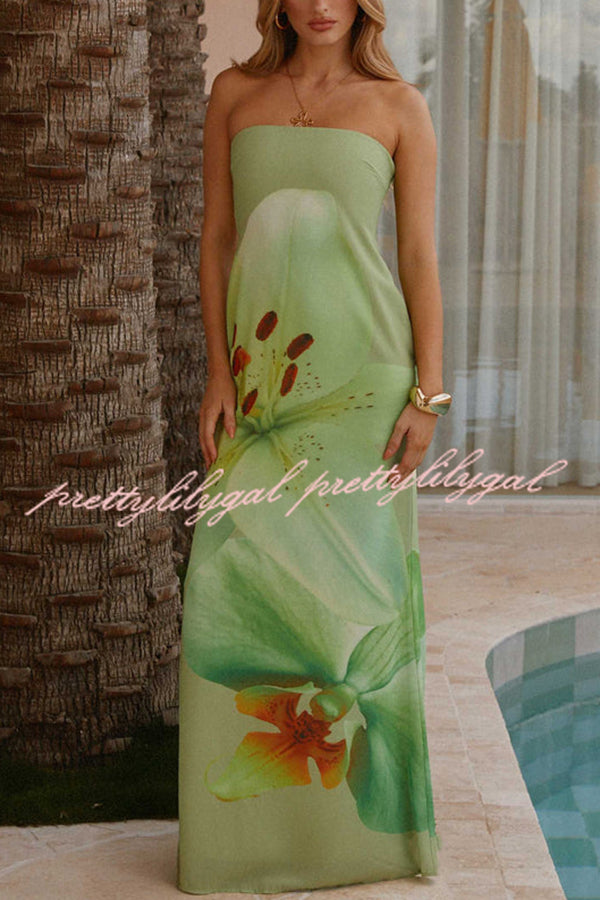 Smooth and Elegant Satin Unique Floral Print Off Shoulder Maxi Dress