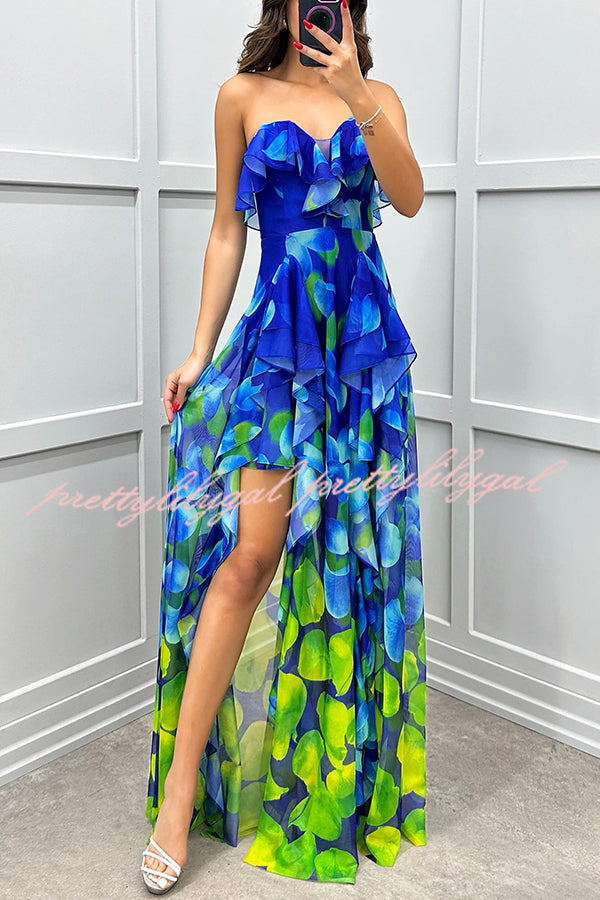 Loving Moment Gradient Unique Print Flowing Layered Ruffles Strapless Slit Maxi Dress