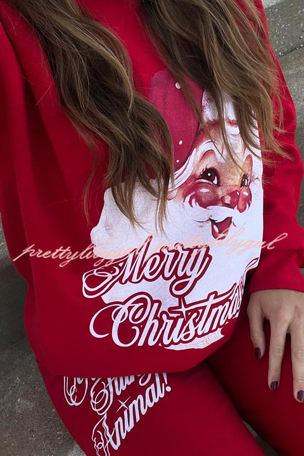 Christmas Santa Print Loose Round Neck Sweatshirt and Elastic Waist Casual Pants Set