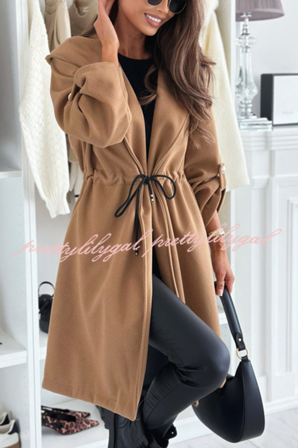 Effortless and Warm Textured Fabric Drawstring Waist Pocket Hooded Midi Coat