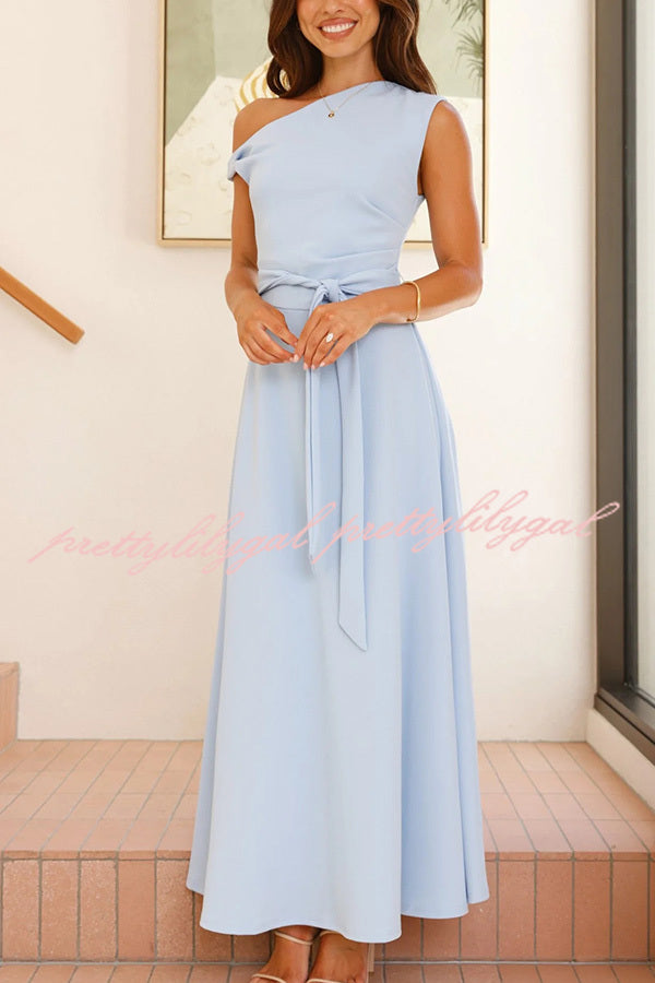 Solid Color Sloped Collar Slim Fit Waist Lace Up Full Hem Maxi Dress