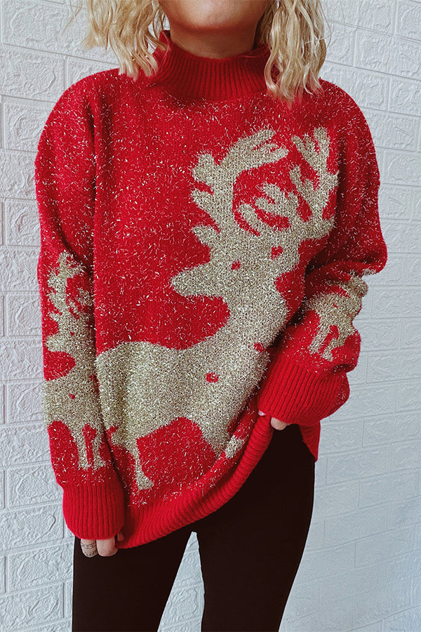 Christmas Pattern Knitted Crew Neck Long Sleeved Sweater