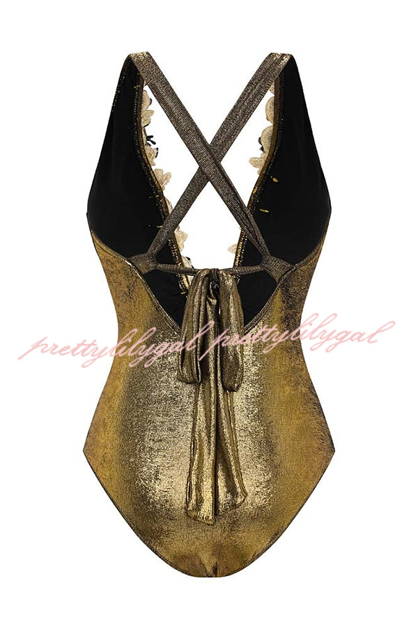 Solid Color Shiny Fabric Deep V Metal Embellished Stretch One-piece Swimsuit