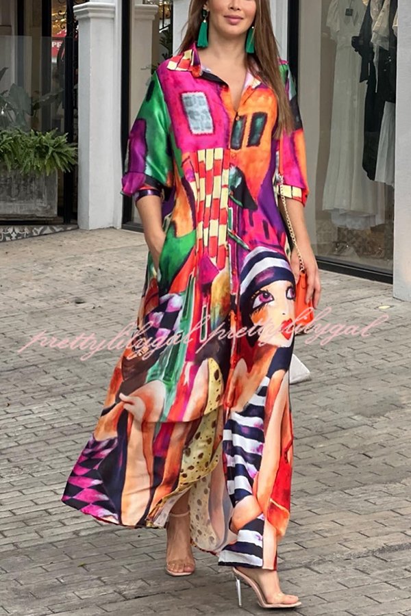 Prettiest Smile Cartoon Face Print Pocketed Shirt Maxi Dress