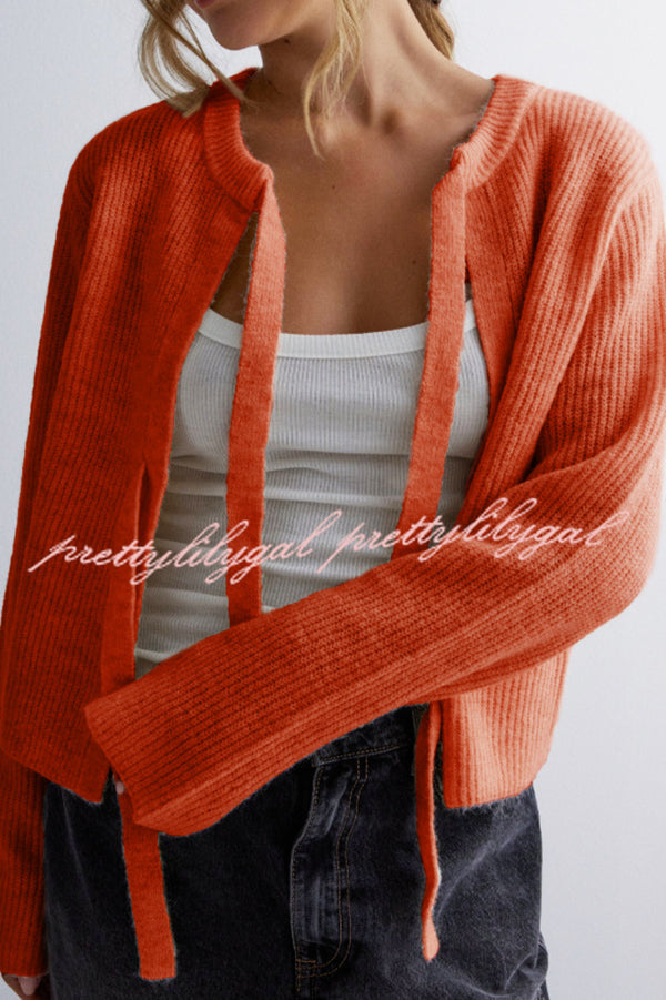 Solid Color Loose Long Sleeve Lace-up Knitted Cardigan