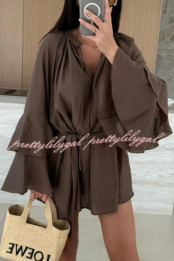 Solid Color V-neck Ruffled Long Sleeve Waist Tie Mini Dress